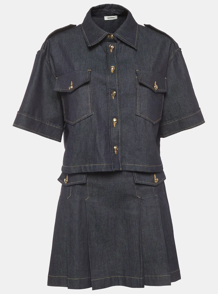 Sandro Blue Denim Cropped Jacket and Mini Skirt Set L