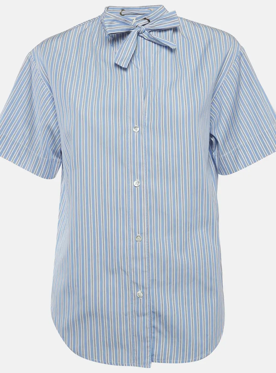 Sandro Blue Striped Cotton Poplin Jacob Neck Tie Shirt S