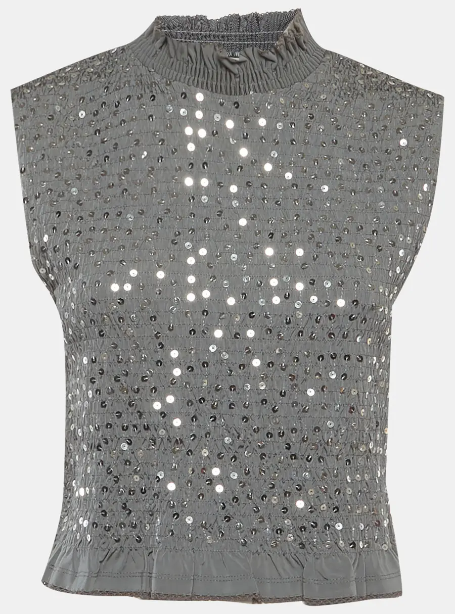 Sandro Grey Sequins Smocked Knit Sleeveless Top L