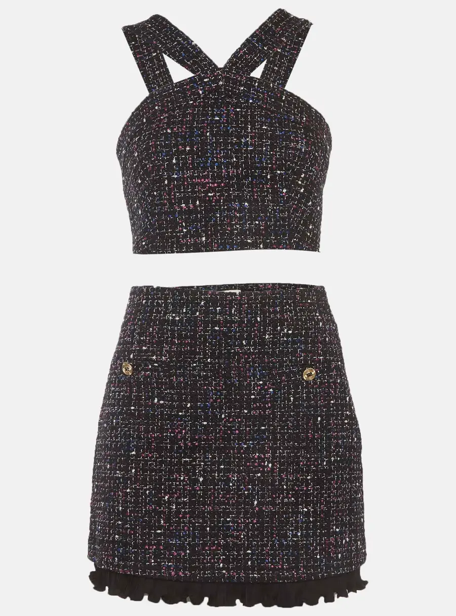 Sandro Black Tweed Crisscross Crop Top and Mini Skirt Set S