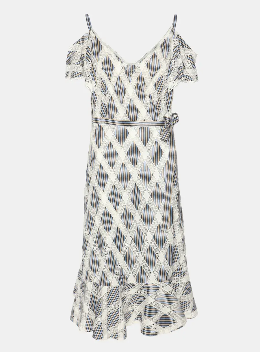 Sandro White/Multicolor Stripe Lace Diamond Pattern Midi Dress S