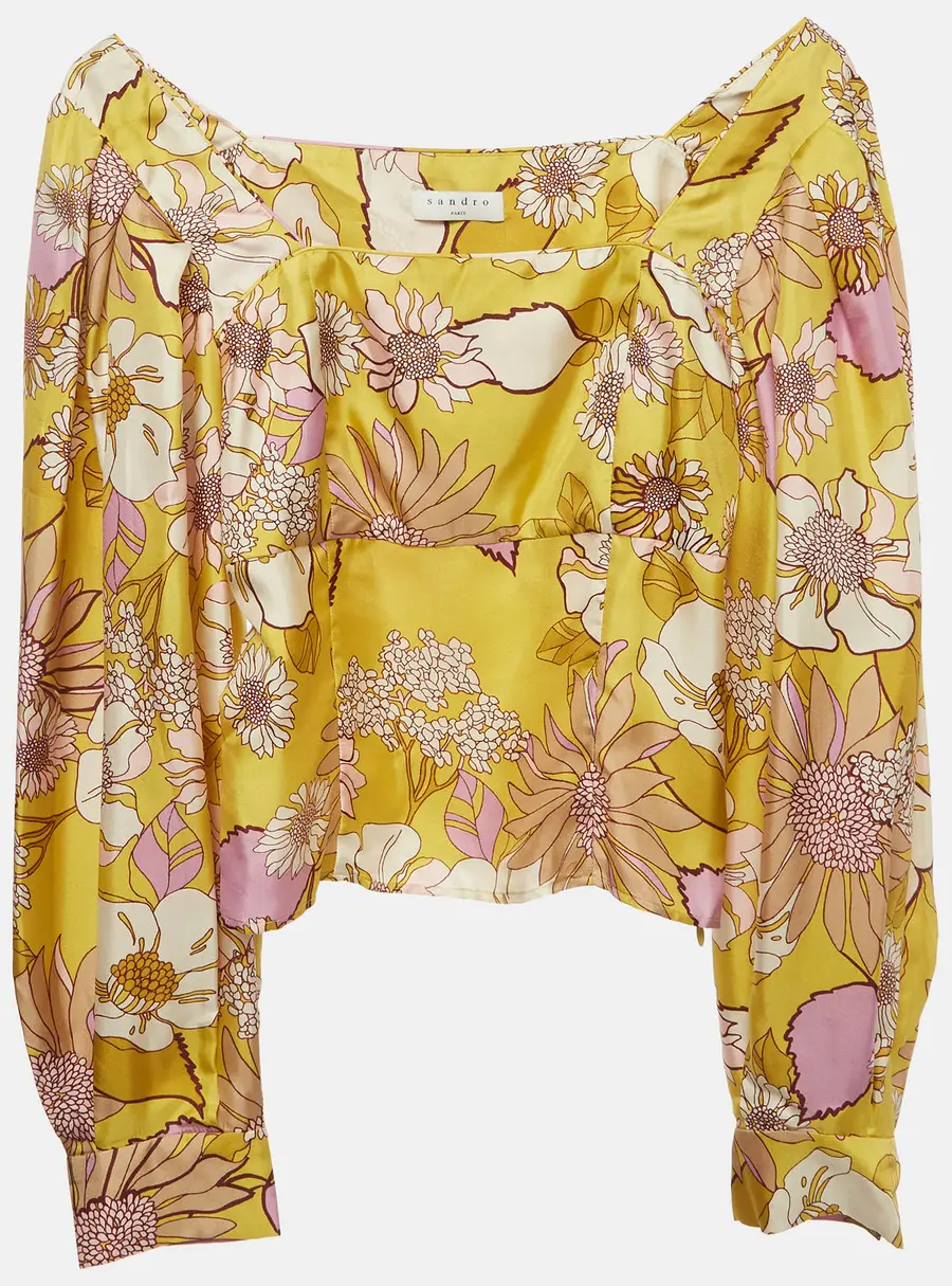 Sandro Yellow Floral Print Satin Square Neck Zip Up Blouse XS