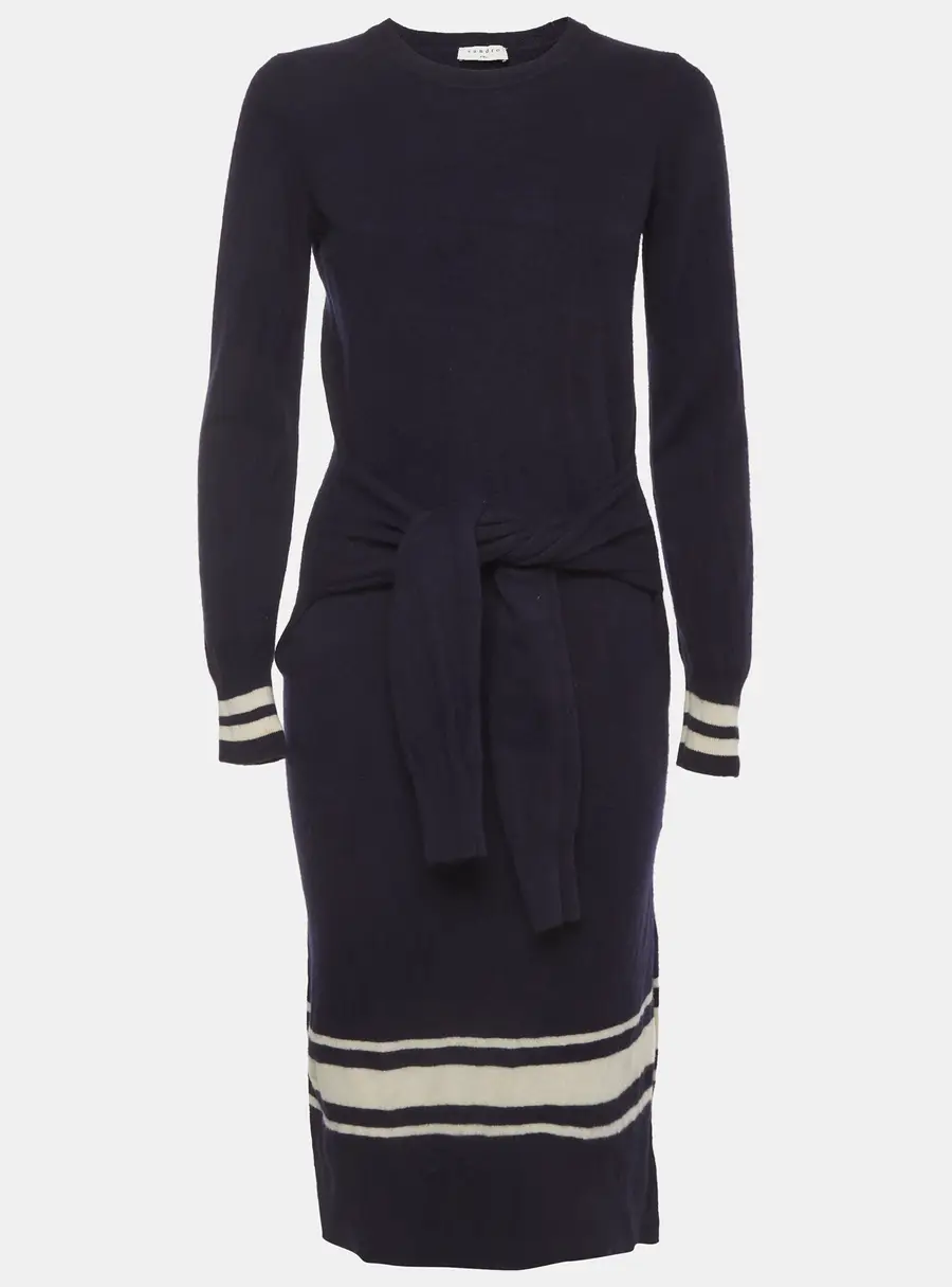 Sandro Navy Blue Striped Wool Blend Knit Tie Midi Dress M