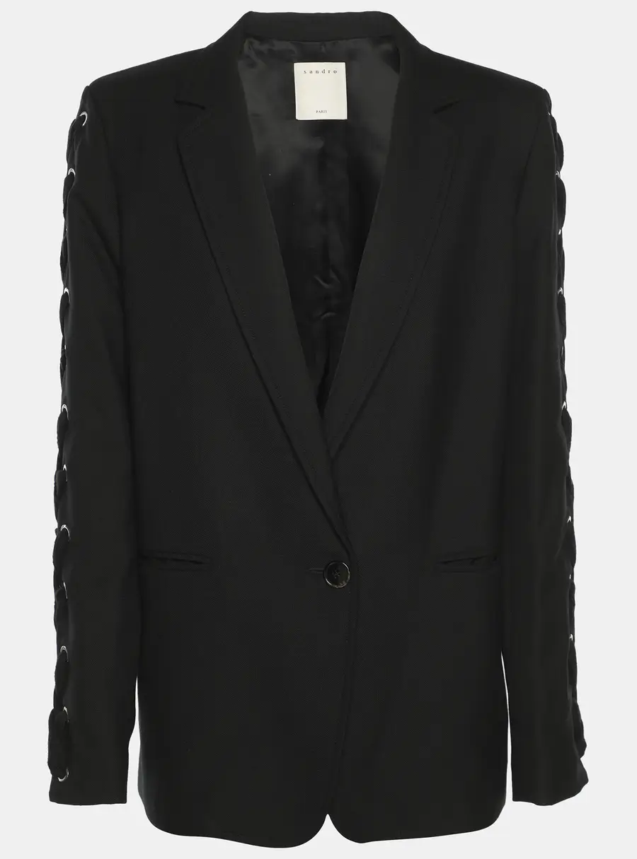 Sandro Black Wool Blend Lace Up Details Single Breasted Blazer M
