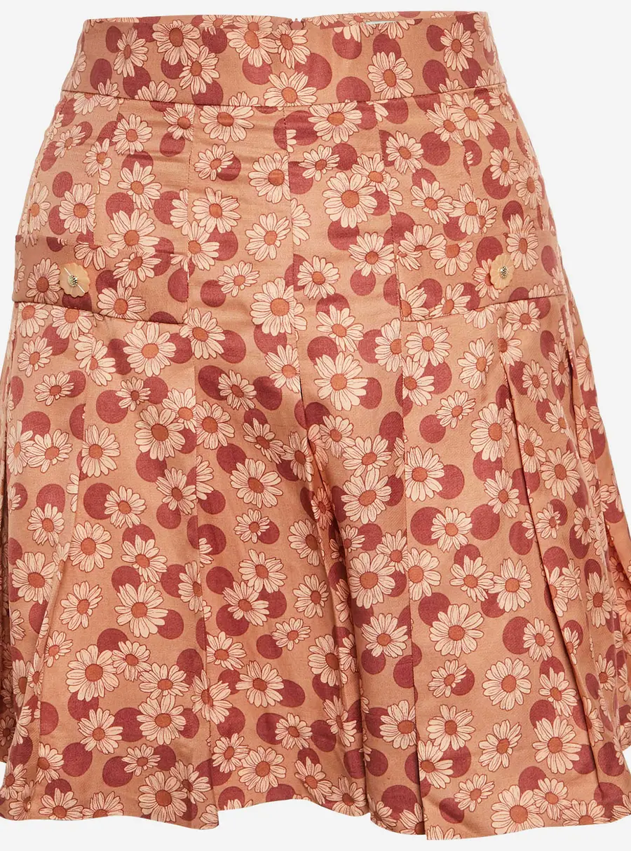 Sandro Orange Floral and Polka Dot Print Twill Pleated Skort M