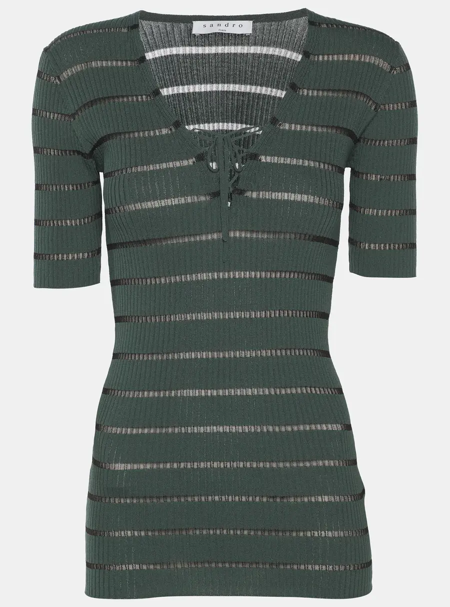 Sandro Green Stripe Stretch Knit Top S