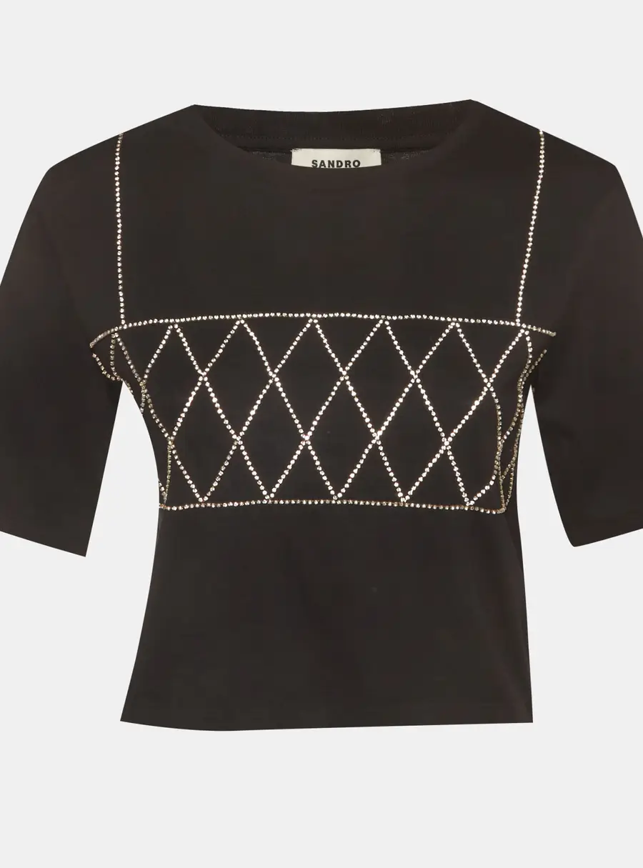 Sandro Black Jersey Rhinestone Cropped T-Shirt S