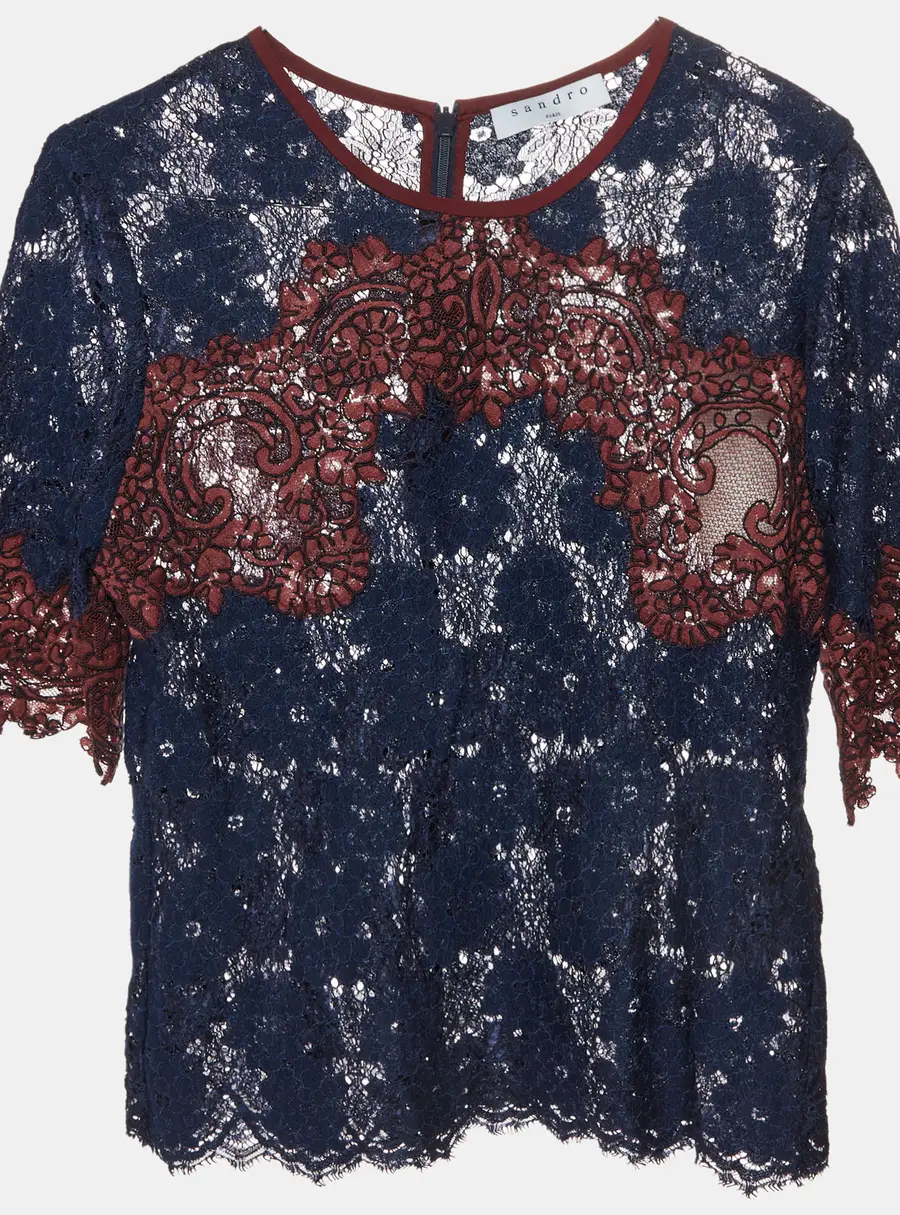 Sandro Navy Blue/Burgundy Floral Lace Short Sleeve Blouse M