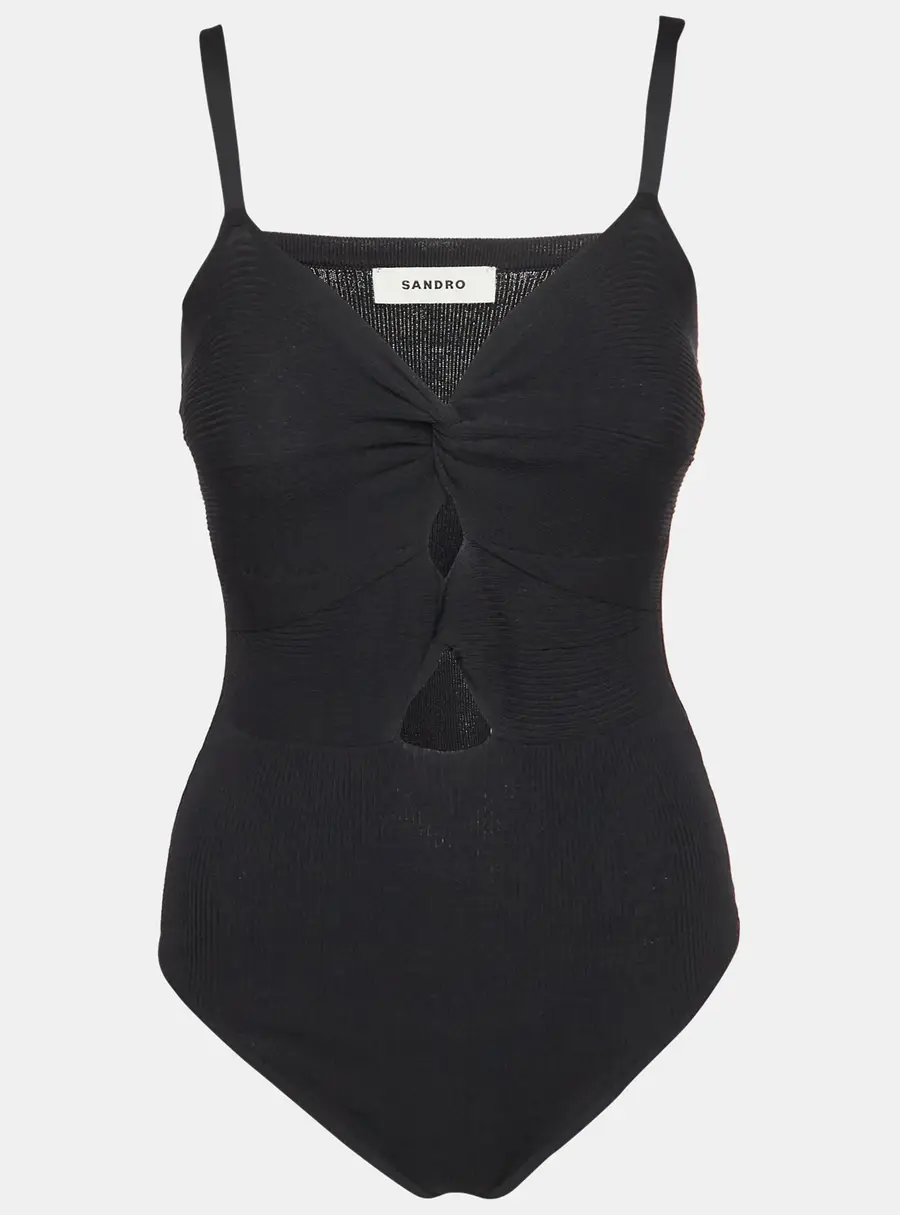 Sandro Black Ribbed Knit Cut-Out Bodysuit Top M