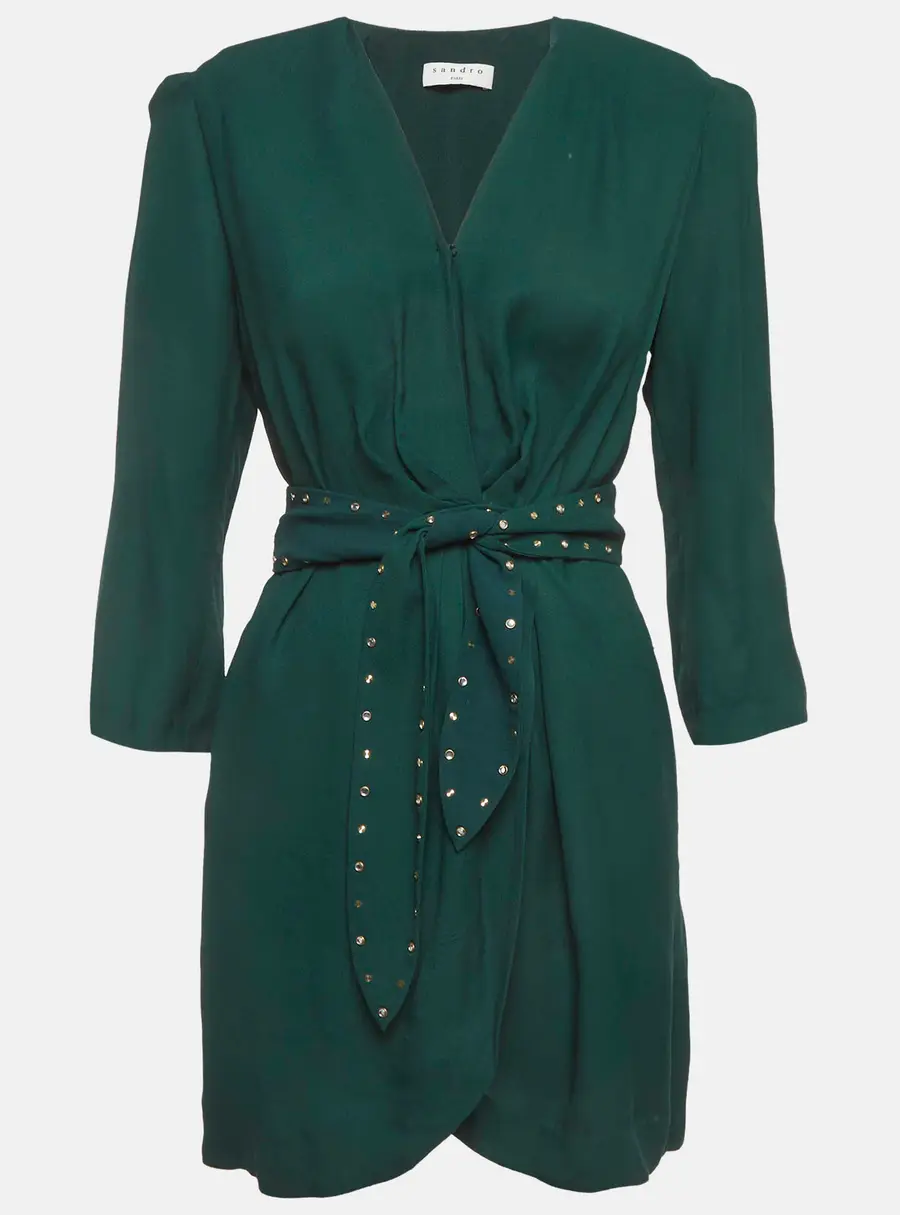 Sandro Green Crepe Belted Mini Wrap Dress S