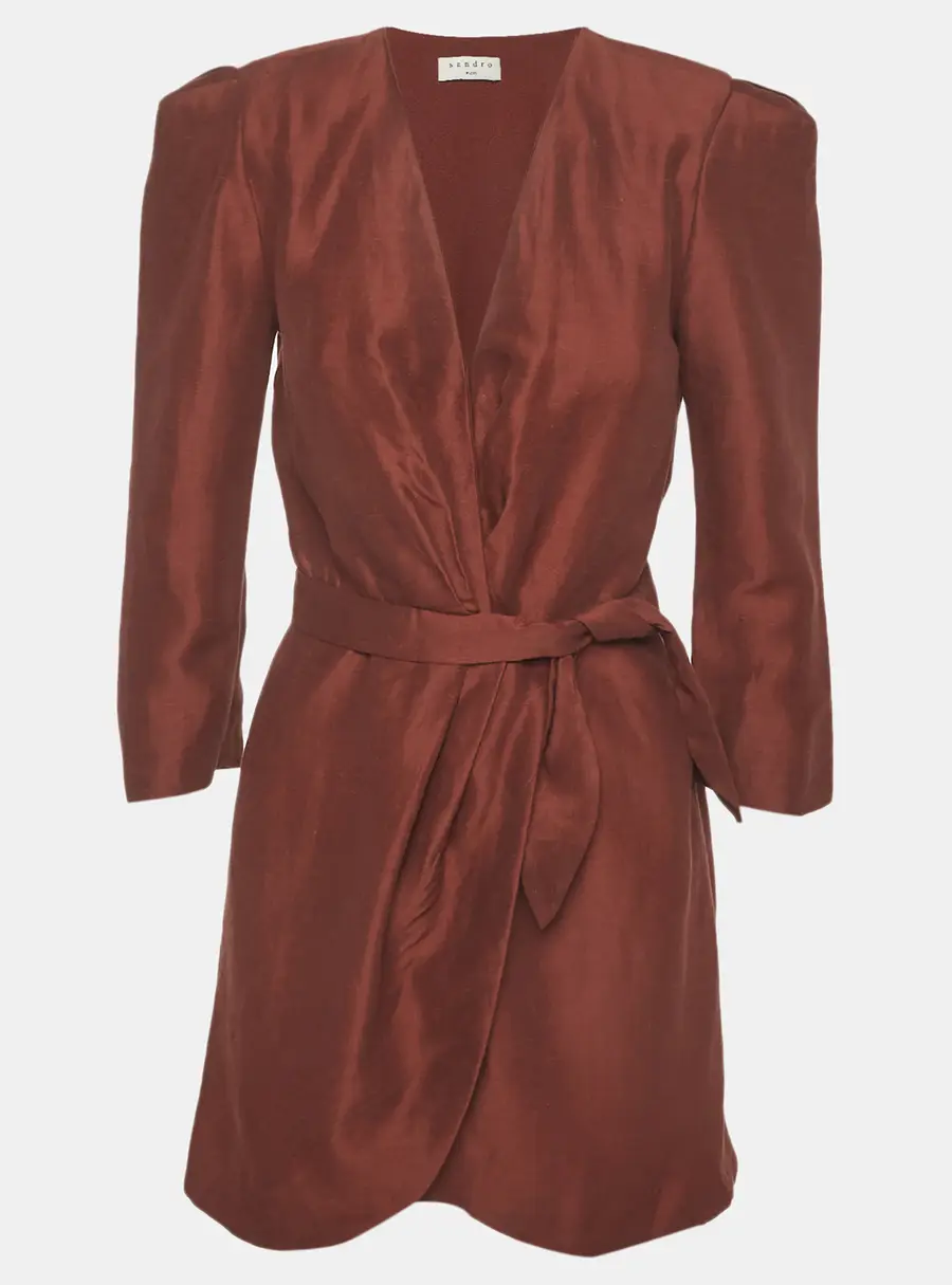 Sandro Brown Linen Blend Mini Wrap Dress S