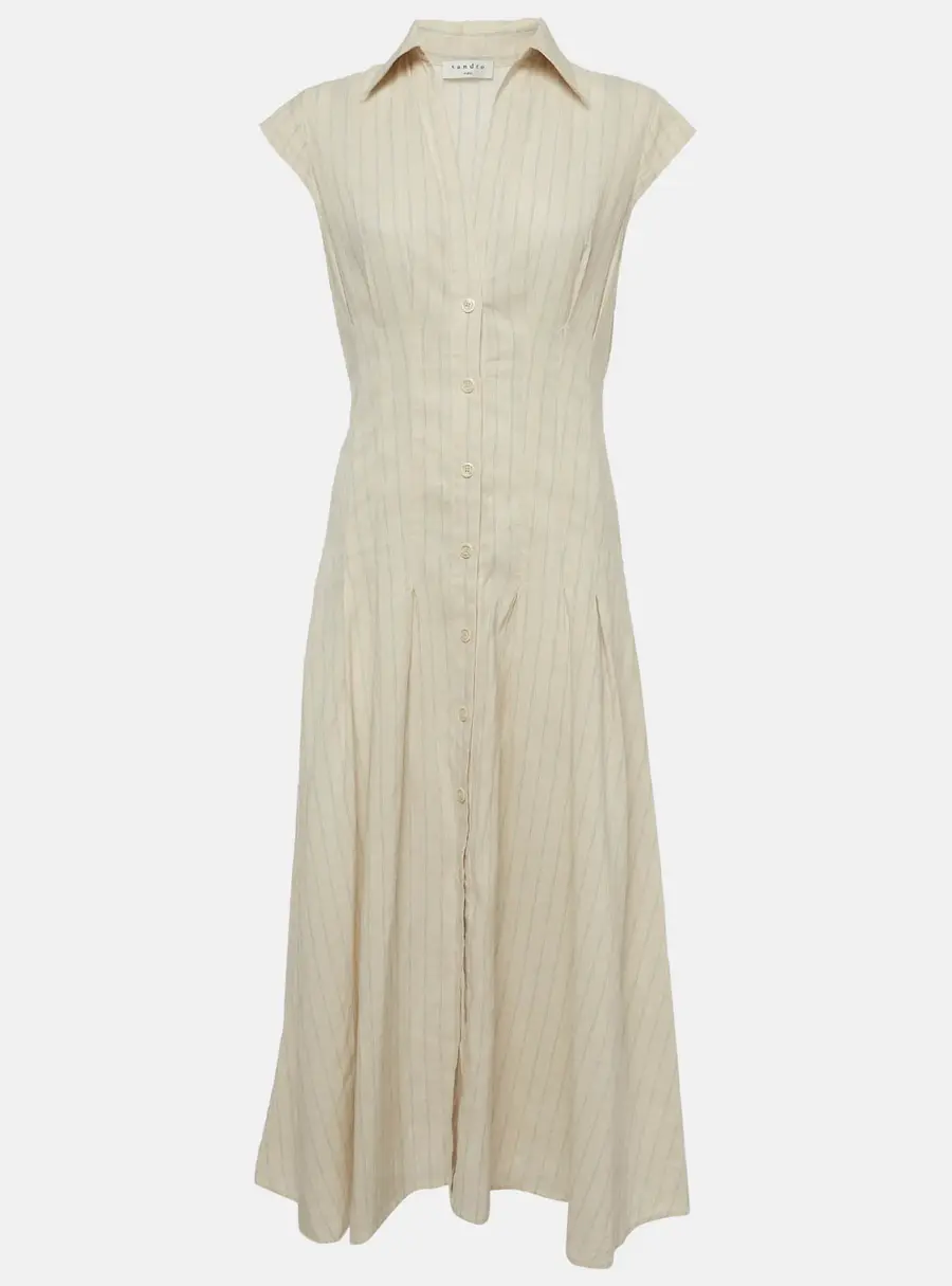 Sandro Cream Striped Linen Pleated Andrina Midi Dress M