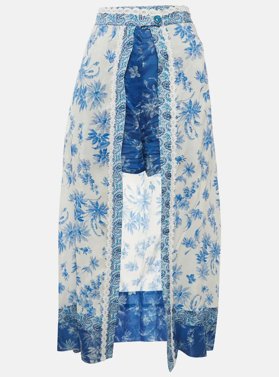 Sandro White/Blue Floral Print Linen Blend Shorts Overlay Skirt XL