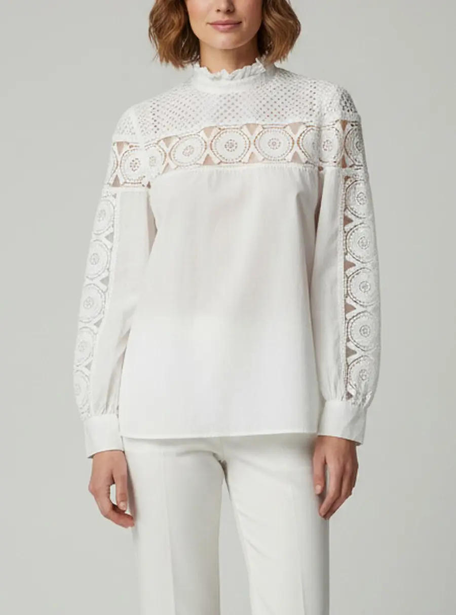 Sandro White Cotton and Lace Paneled Blouse M