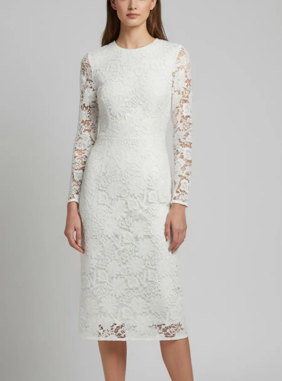 Sandro White Lace Long Sleeve Midi Dress M