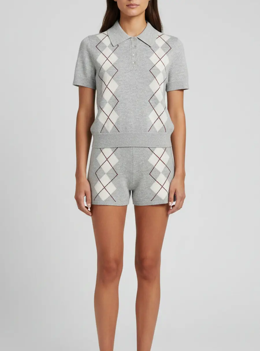 Sandro Grey Wool Blend Knitted Argyle Polo Sweater and Shorts Set S