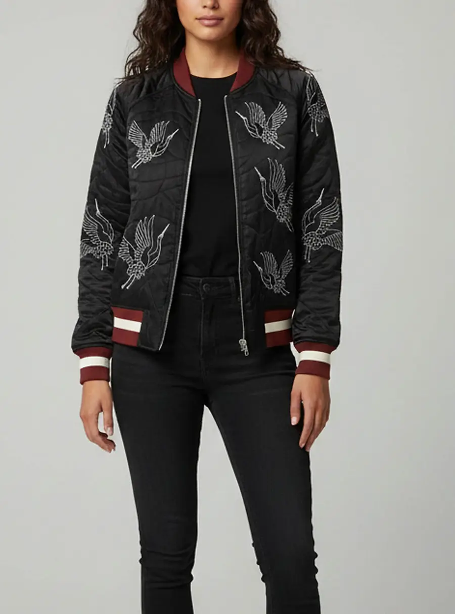 Sandro Black Embroidered Silk Blend Bomber Jacket M