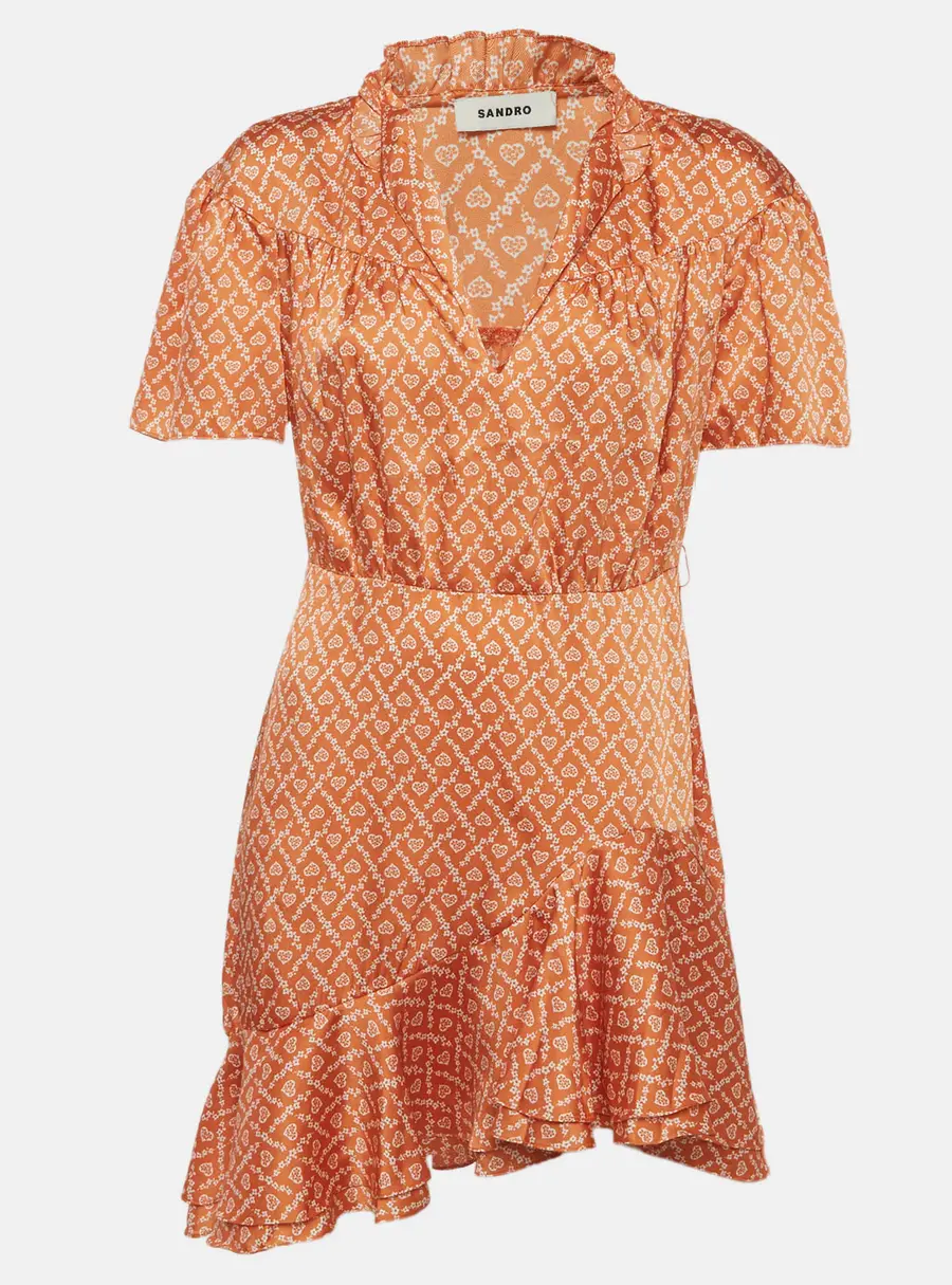 Sandro Orange Heart Print Satin Ruffled Suzen Mini Dress M