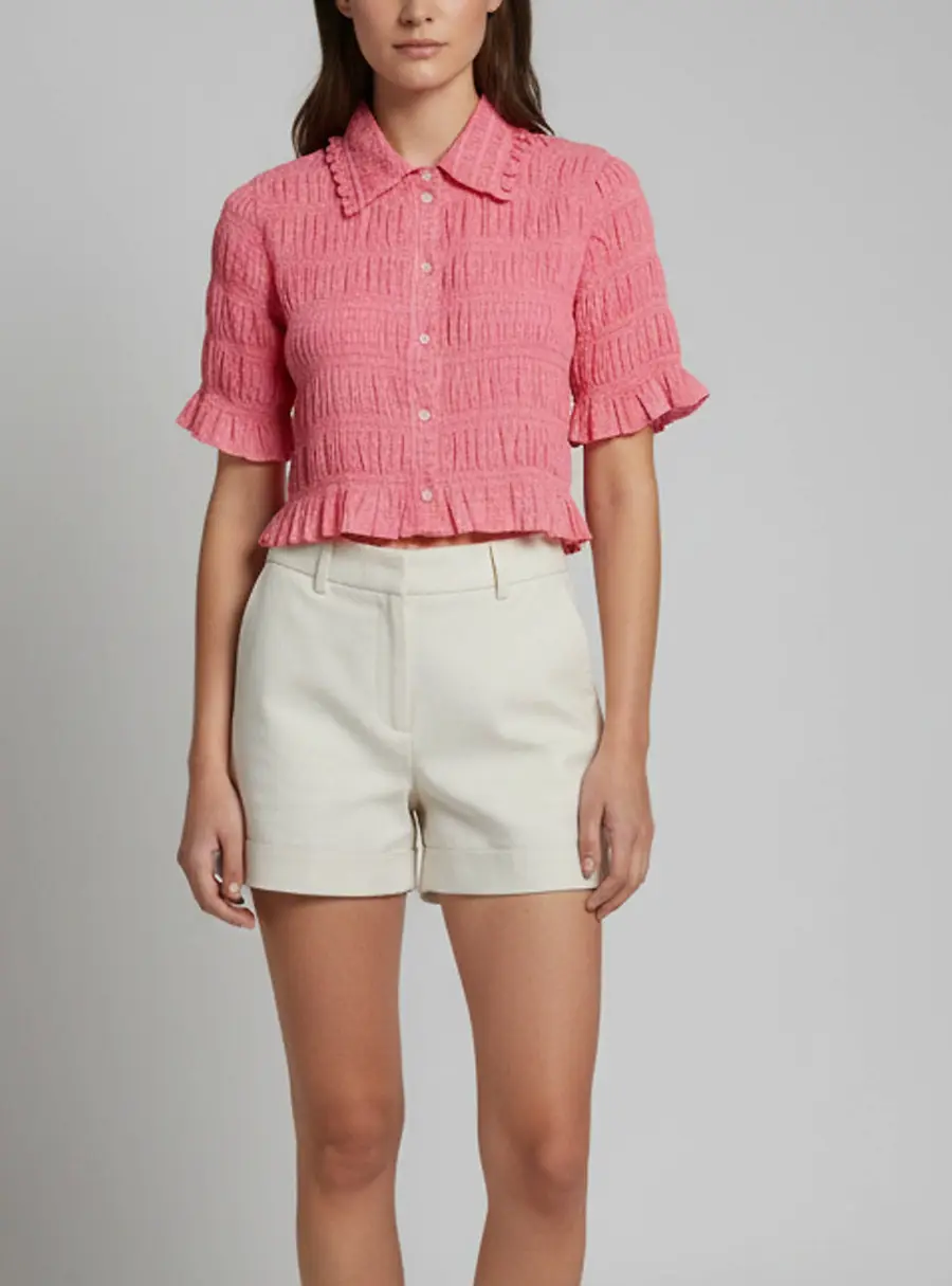 Sandro Pink Cotton Smocked Button Front Crop Top L