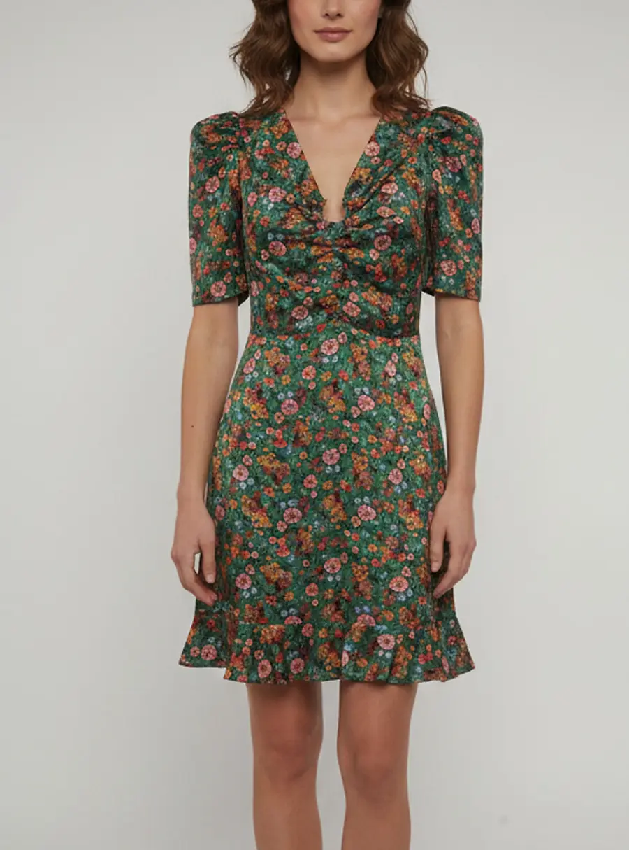 Sandro Green Floral Printed Gabardine Puff Sleeve Mini Dress XS