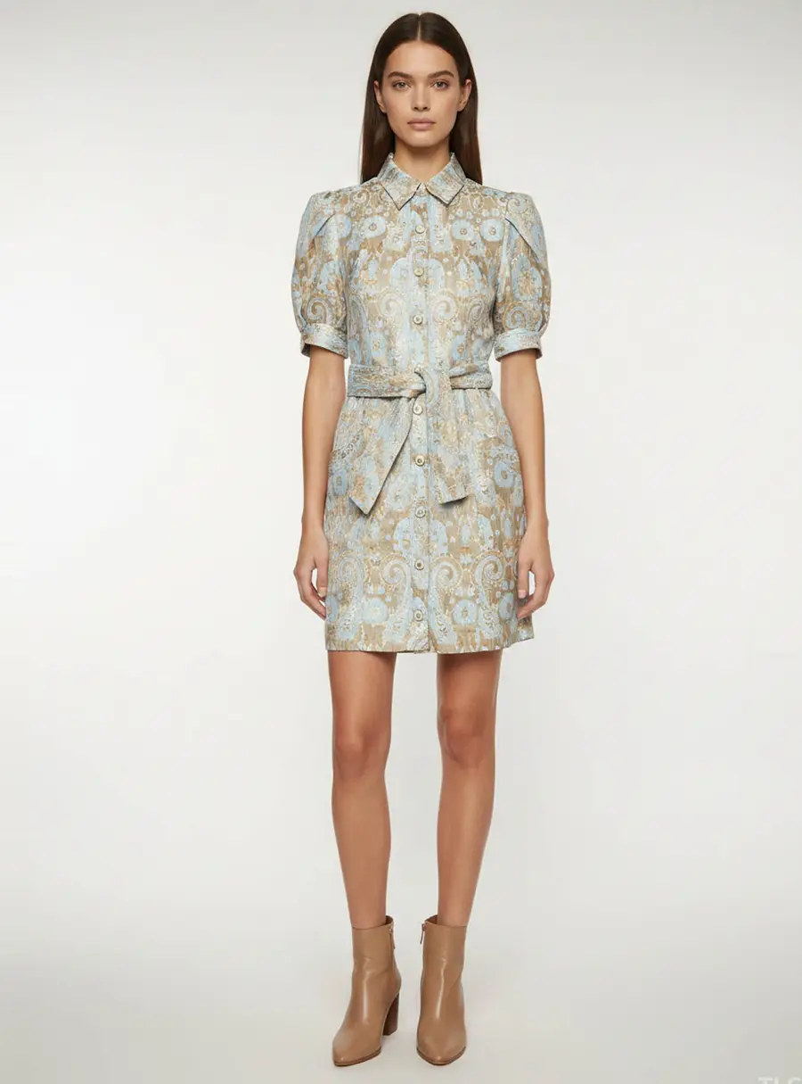 Sandro Blue/Gold Metallic Jacquard Puff Sleeve Orlan Shirt Dress S