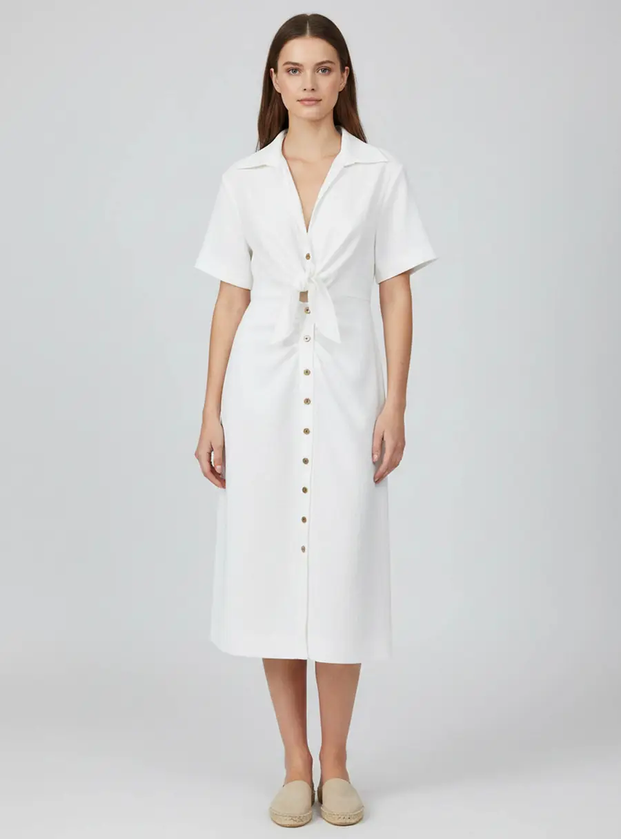 Sandro White Gabardine Knotted Shirt Dress M