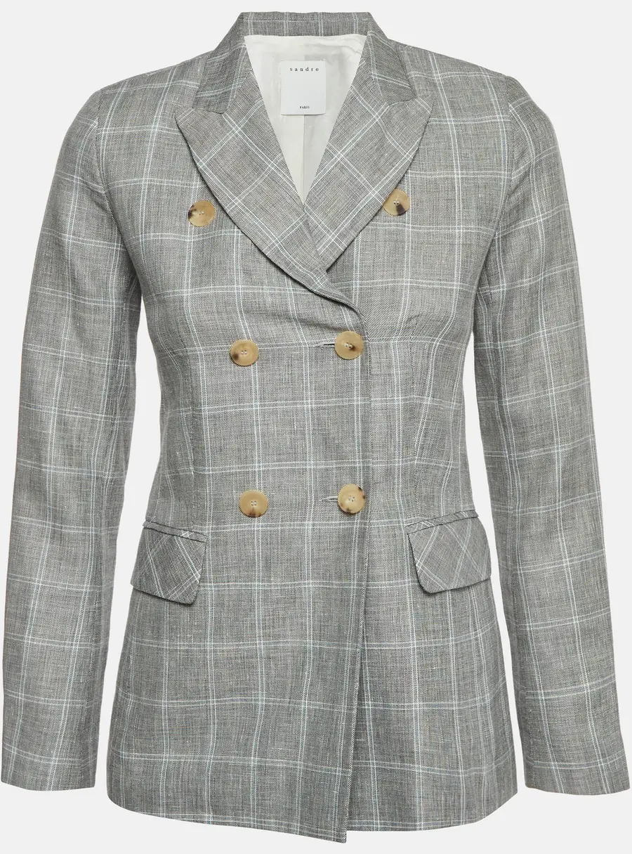 Sandro Grey Plaid Linen Blend Double Breasted Blazer XS