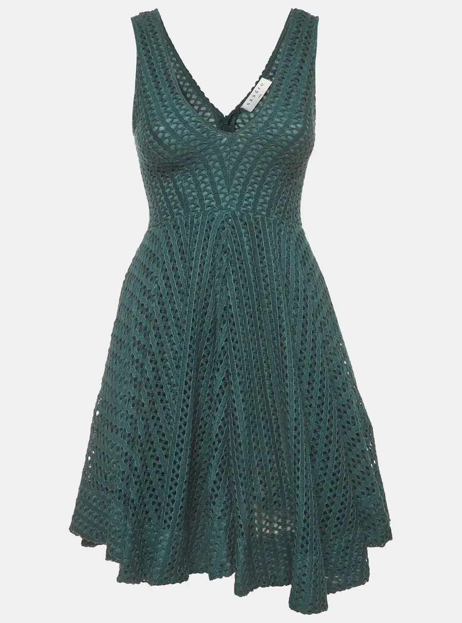 Sandro Green Crochet V-Neck Flared Bliss Mini Dress S