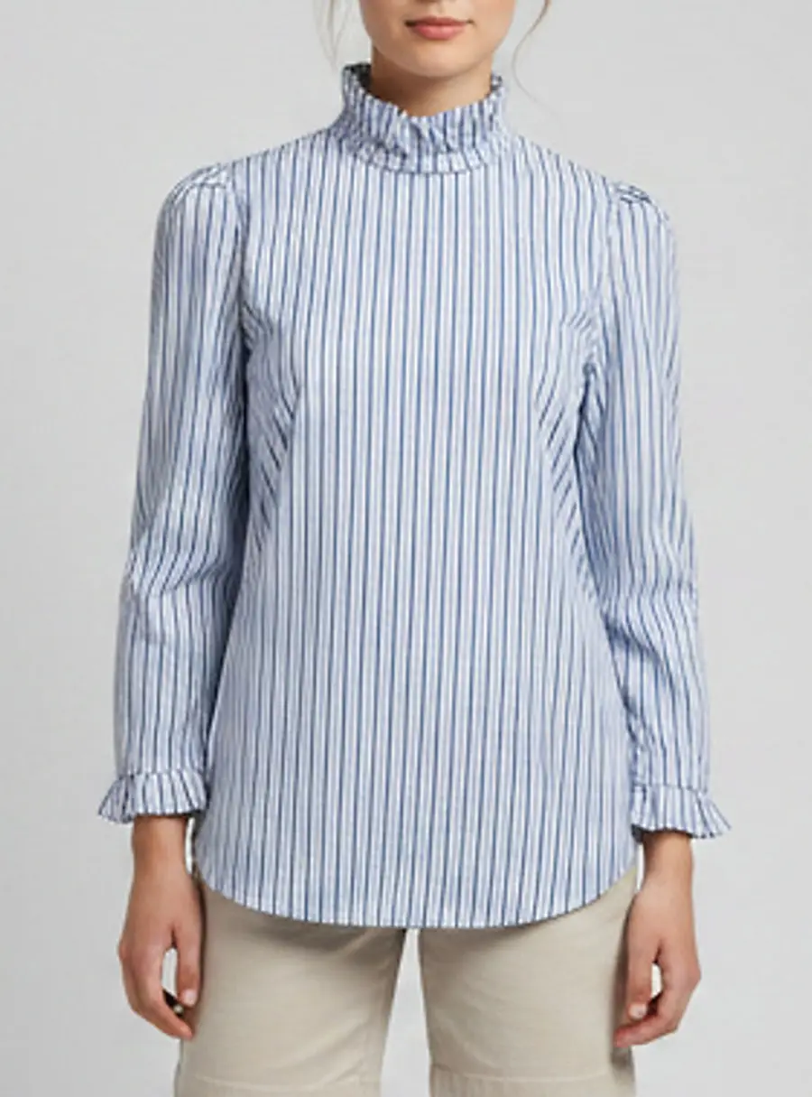 Sandro Blue Stripe Long Sleeve Ruffle Top XS