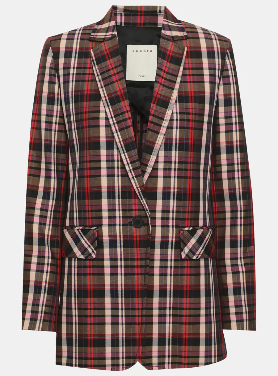 Sandro Multicolor Tartan Print Gabardine Plaid Blazer M