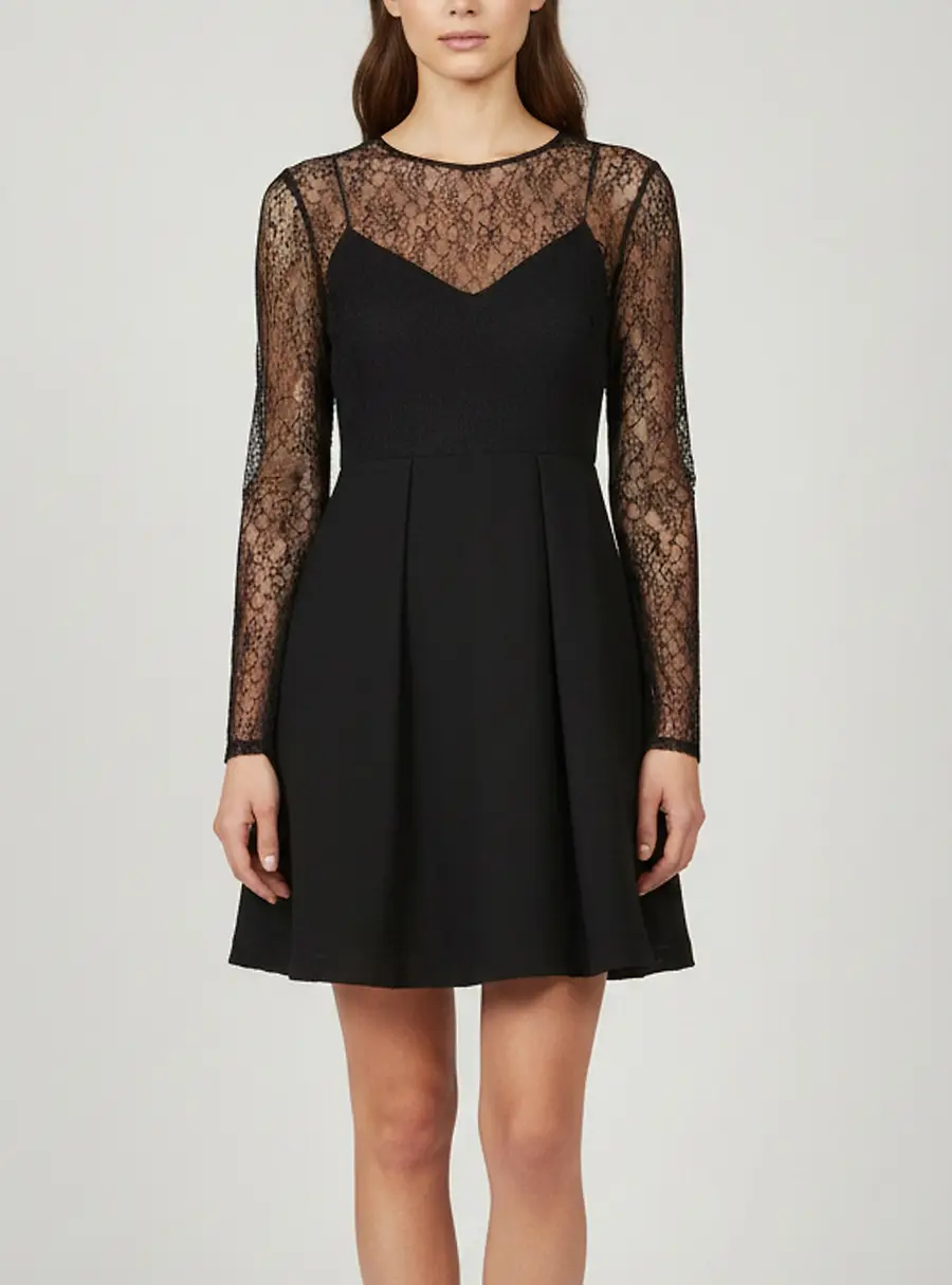 Sandro Black Lace and Textured Crepe Pleated Short Dress L