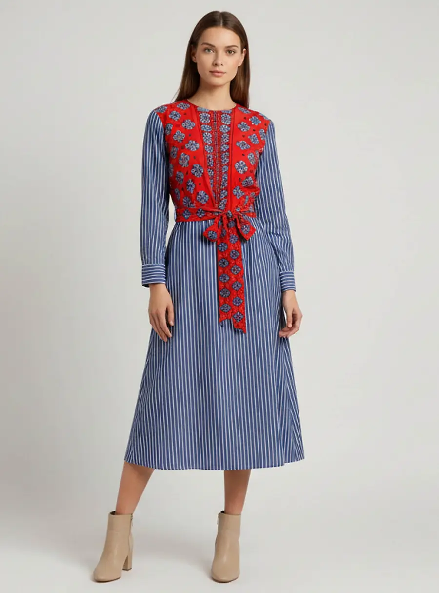 Sandro Blue/Red Multicolor Printed Crepe Pin Stripe Cotton Midi Dress M