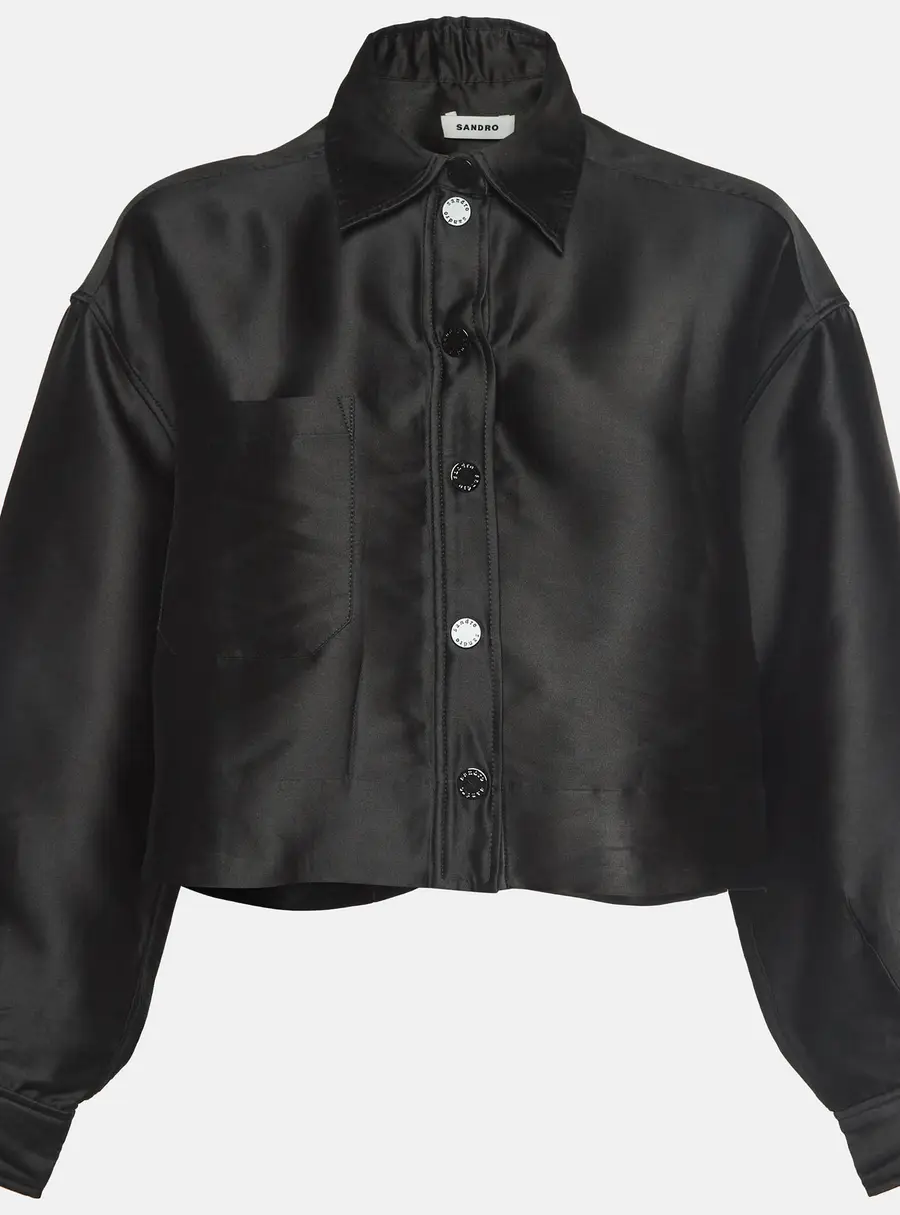 Sandro Black Satin Button Up Oversized Cropped Shirt M