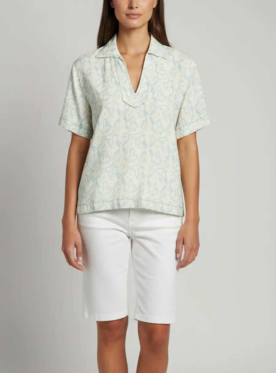 Sandro Crepe Nautica Print Jacquard Short Sleeve Shirt XS