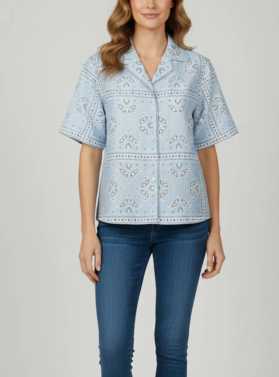 Sandro Blue Printed Linen Blend Short Sleeve Shirt XS