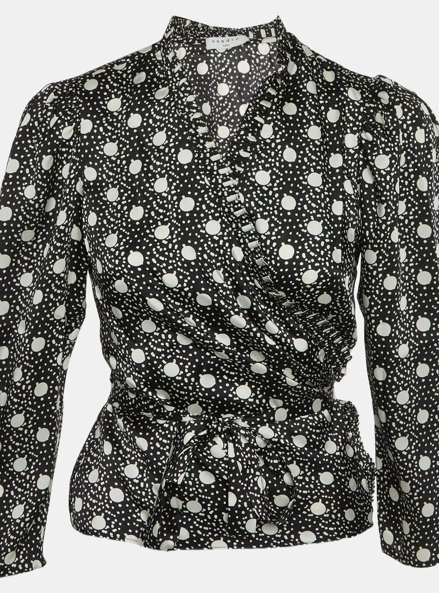 Sandro Black Printed Crepe Wrap Around Top M