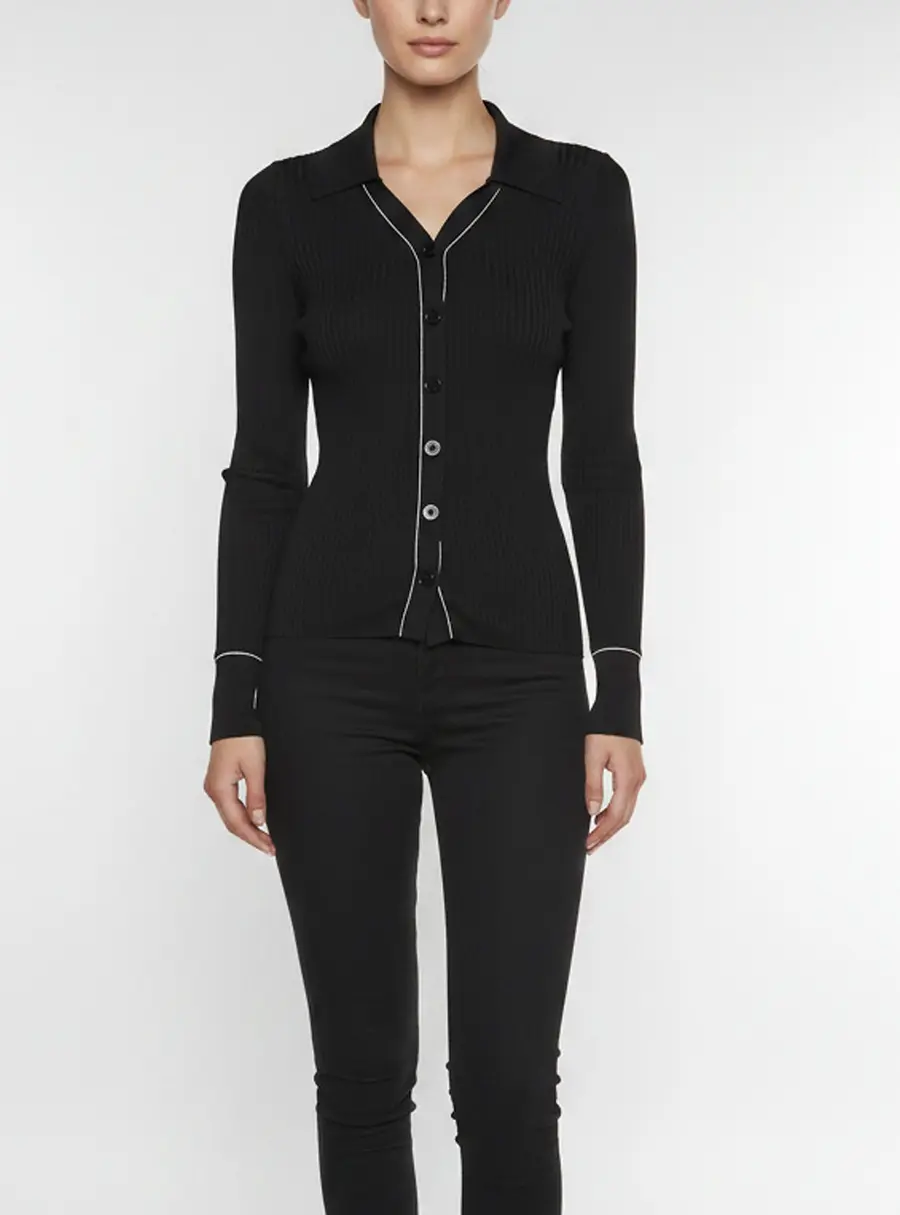 Sandro Black Rib Knit Long Sleeve Button Up Top XS