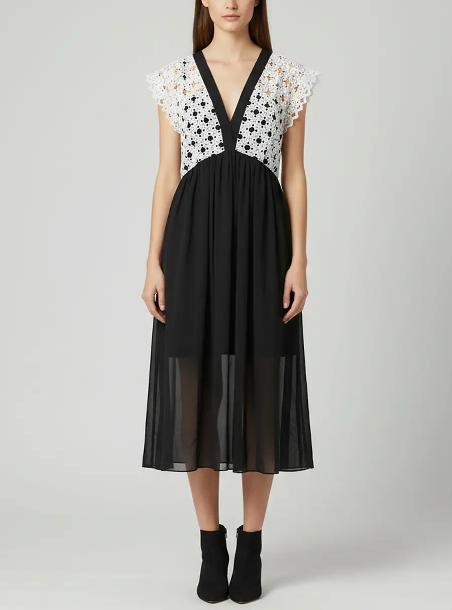 Sandro Black/White Lace Pattern Crepe V-Neck Midi Dress M