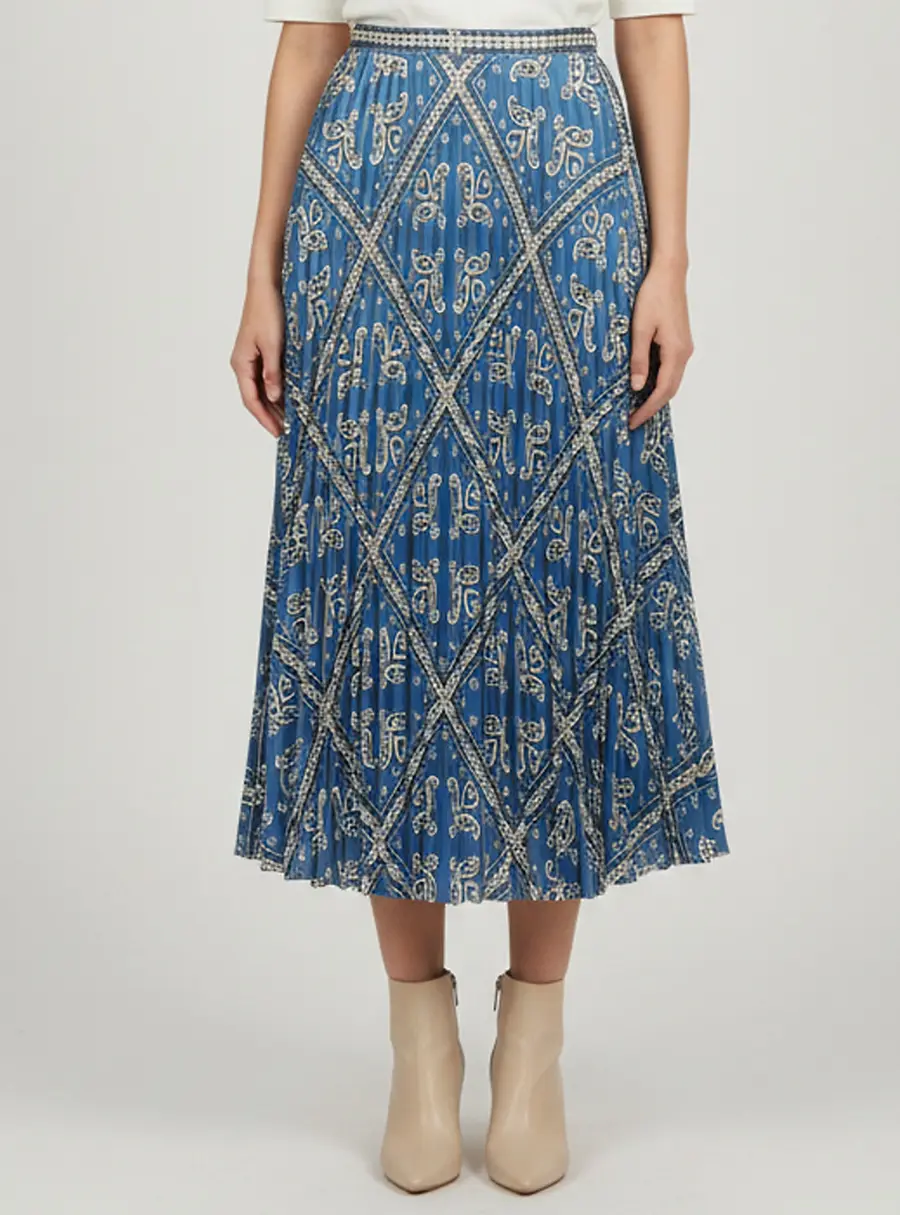 Sandro Blue Paisley Print Sateen Leianne Pleated Midi Skirt S