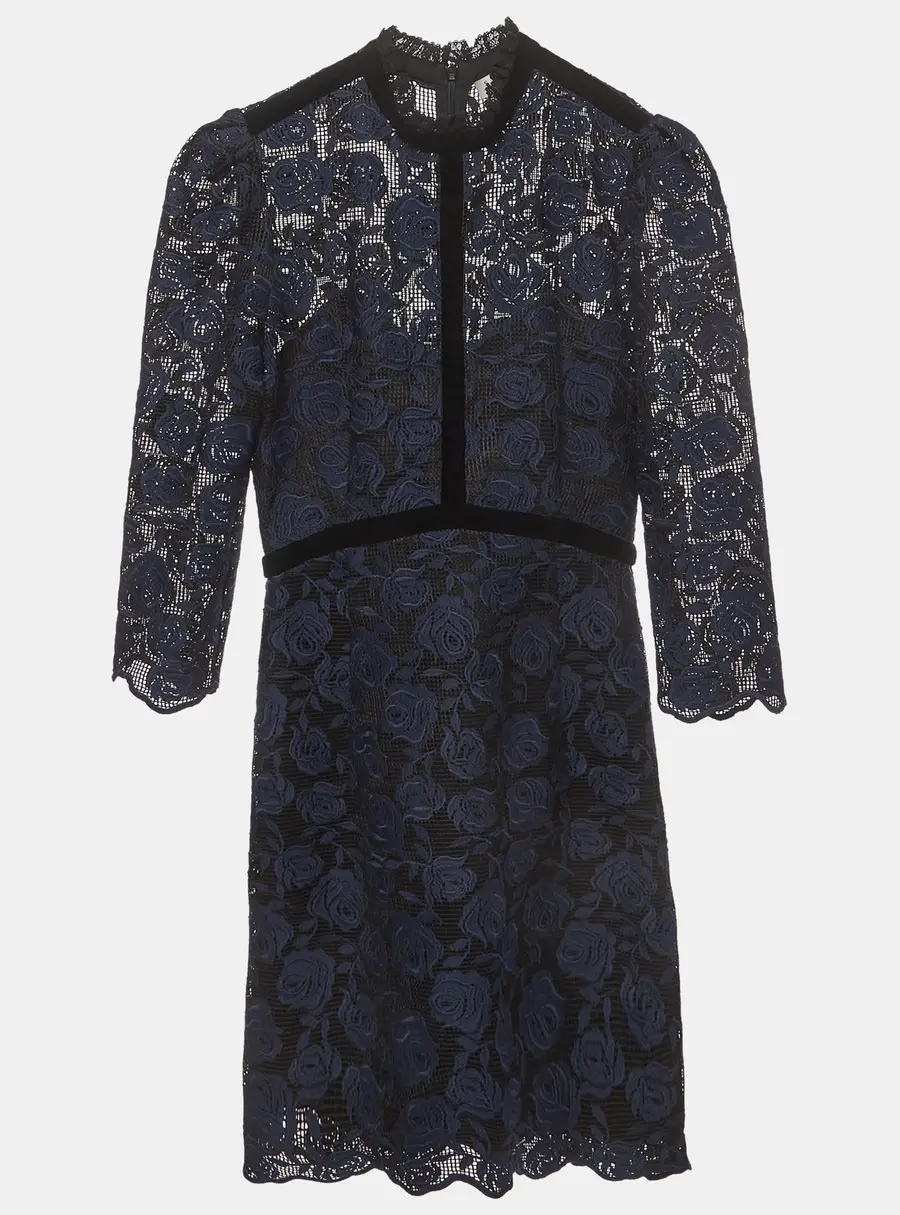 Sandro Navy Blue Rose Embroidered Lace Mock Neck Mini Dress S