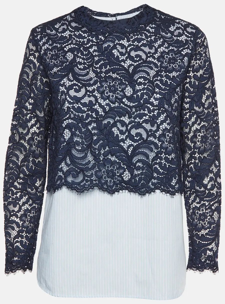 Sandro Blue Pinstripe Cotton and Lace Overlay Long Sleeve Blouse M