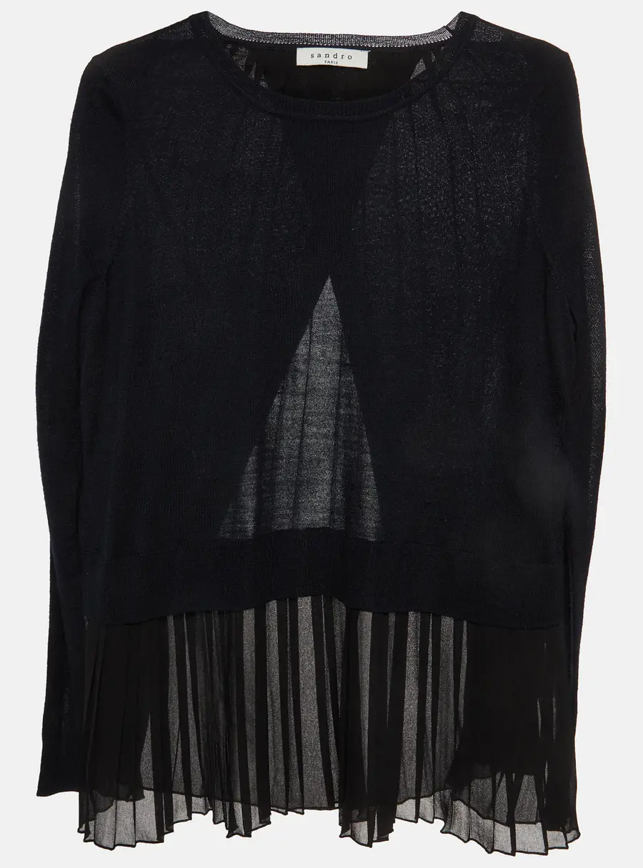 Sandro Black/Navy Blue Wool and Crepe Overlay Pleated Top M