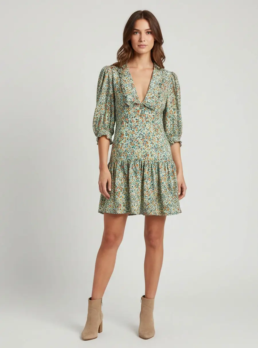 Sandro Green Floral Print Silk Plunge Neck Mini Dress M