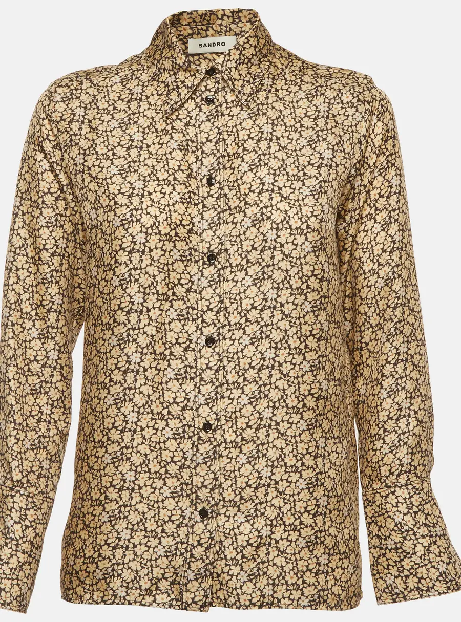 Sandro Black/Beige Floral Print Satin Silk Blouse XS