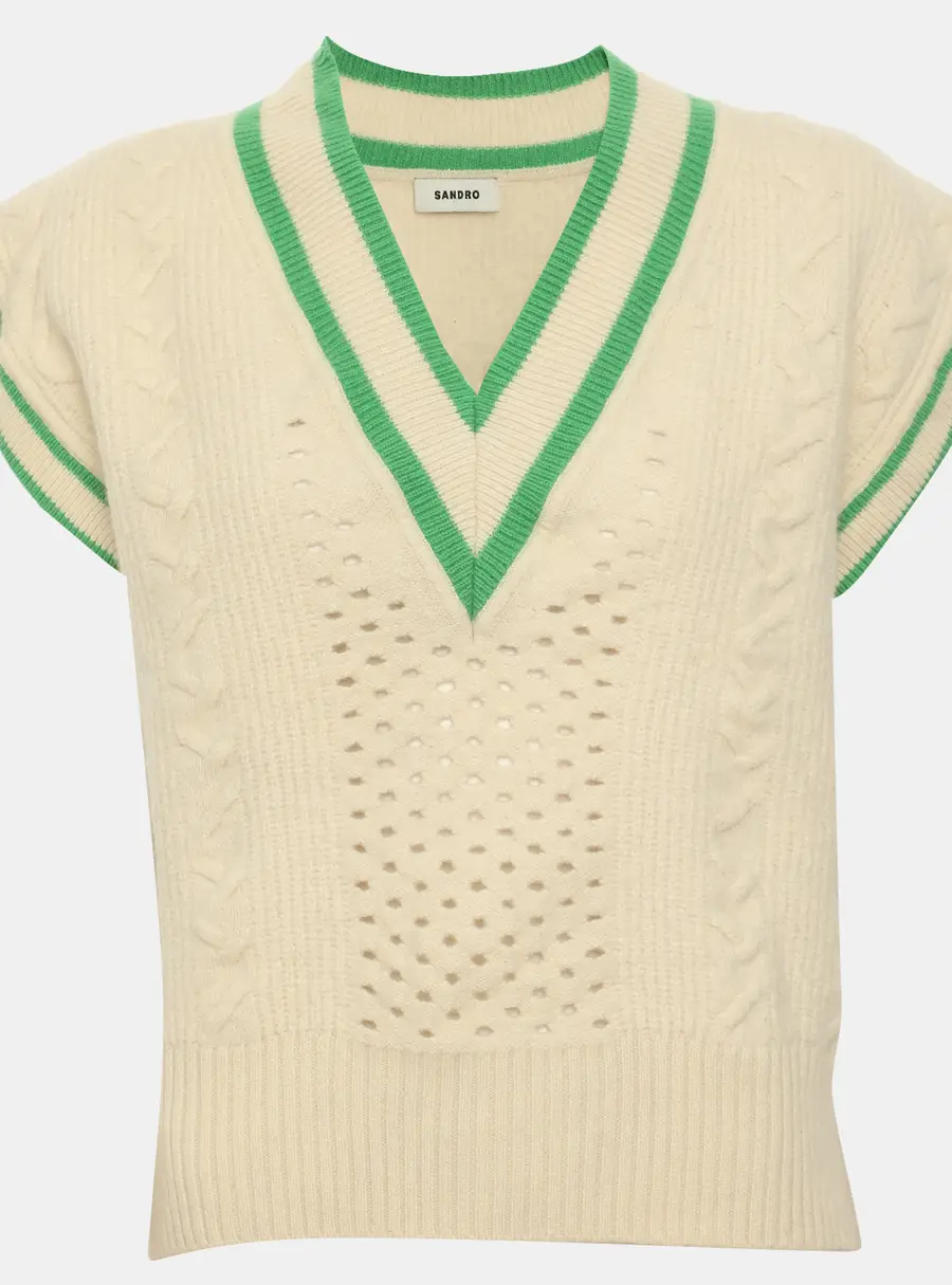Sandro Light Beige/Green Wool Blend V Neck Vest S
