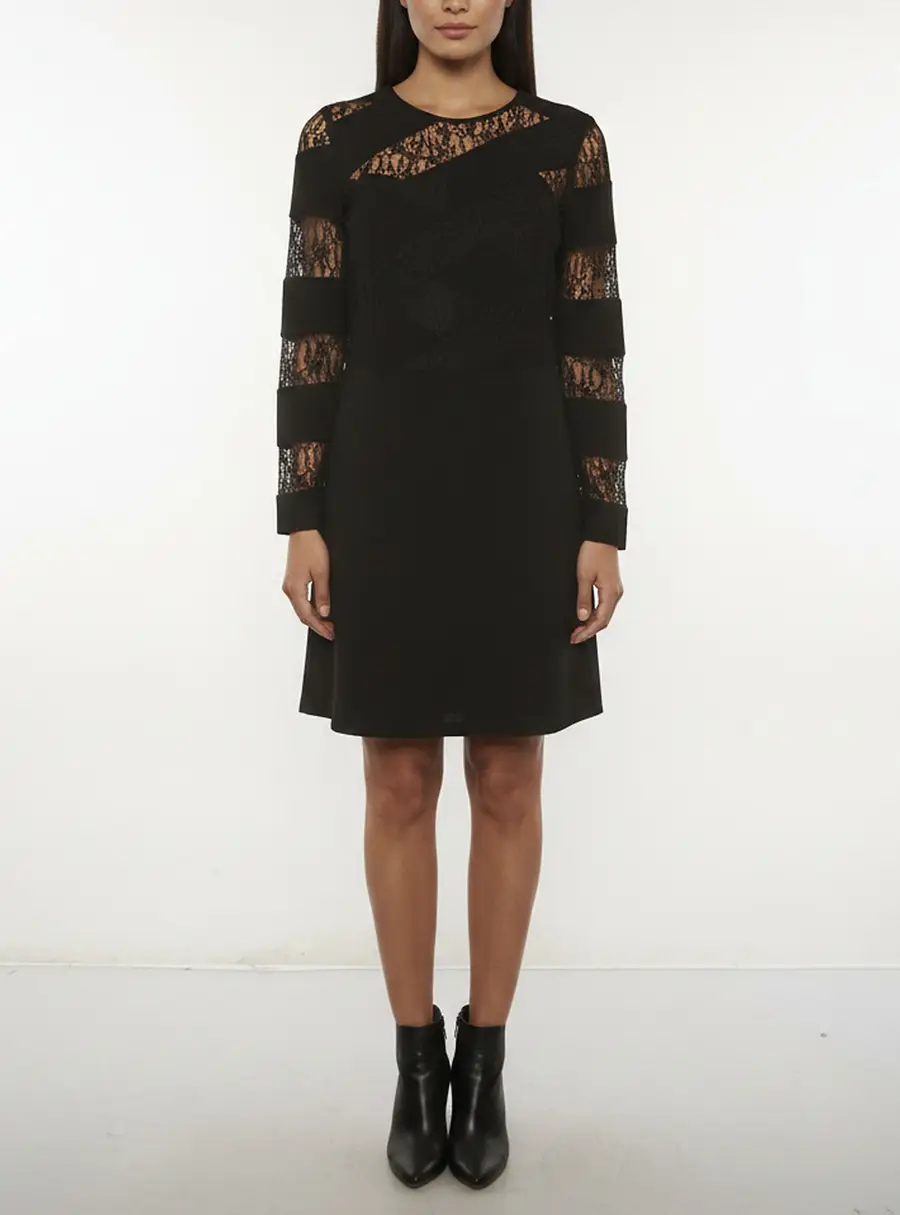 Sandro Black Striped Crepe and Lace Sheer Panel Mini Dress L