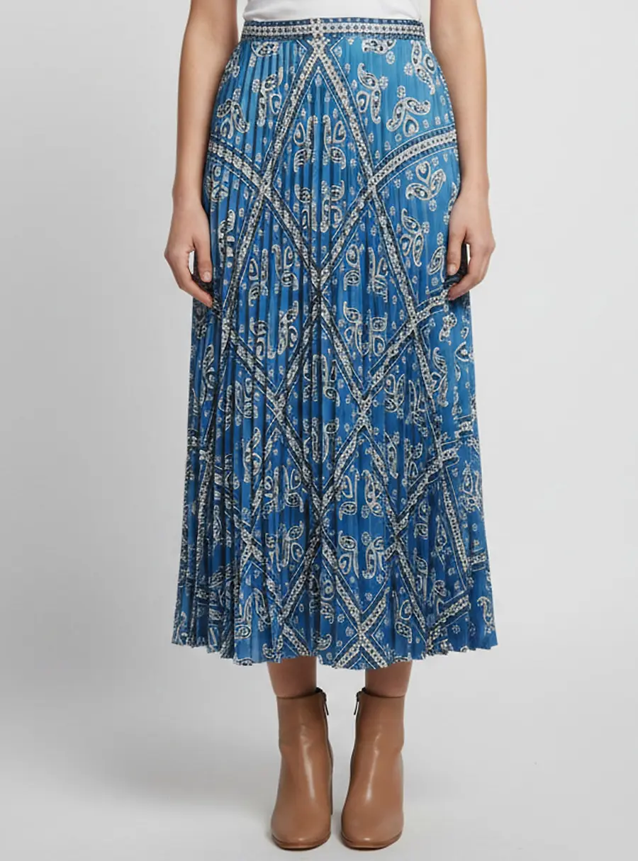 Sandro Blue Paisley Print Plisse Flared Midi Skirt XS