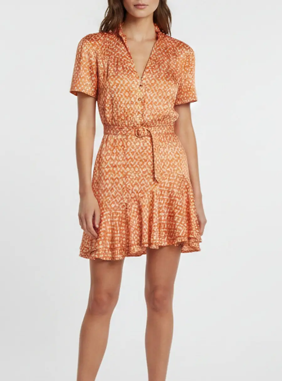 Sandro Orange Printed Satin Asymmetrical Short Dress XS