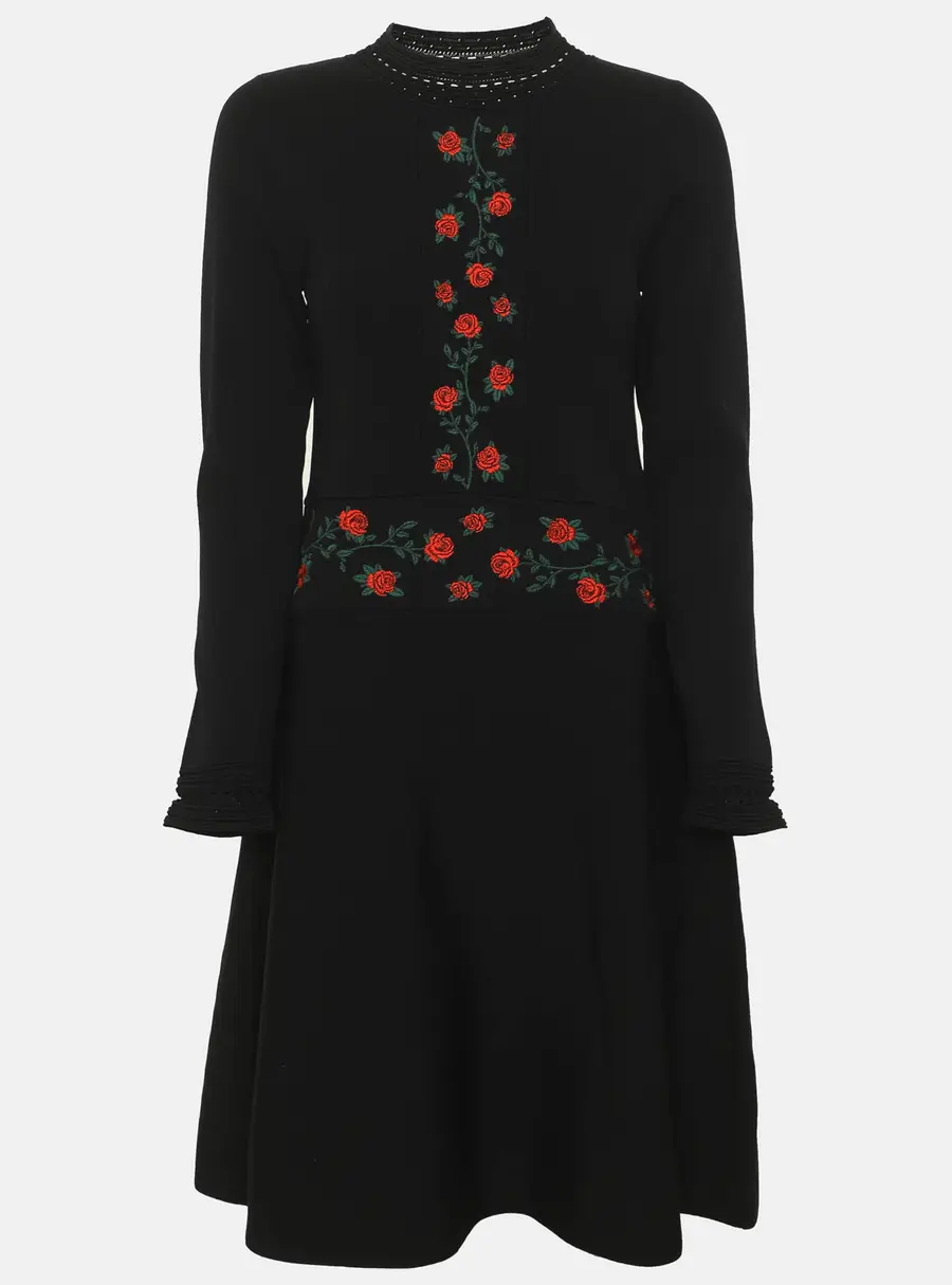 Sandro Black Jersey Floral Embroidered Long Sleeve Mini Dress S