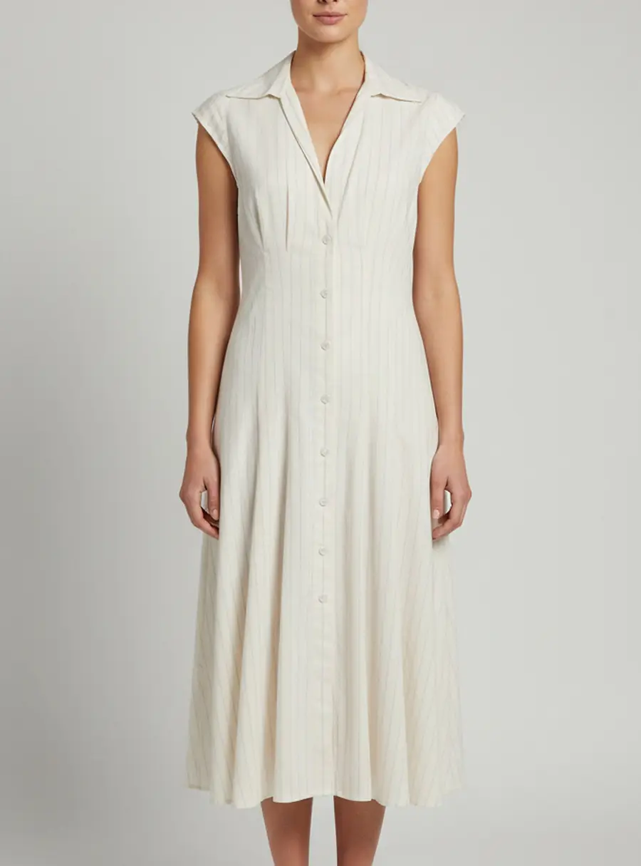 Sandro Cream Pinstriped Linen Blend Cape Sleeve Midi Dress M